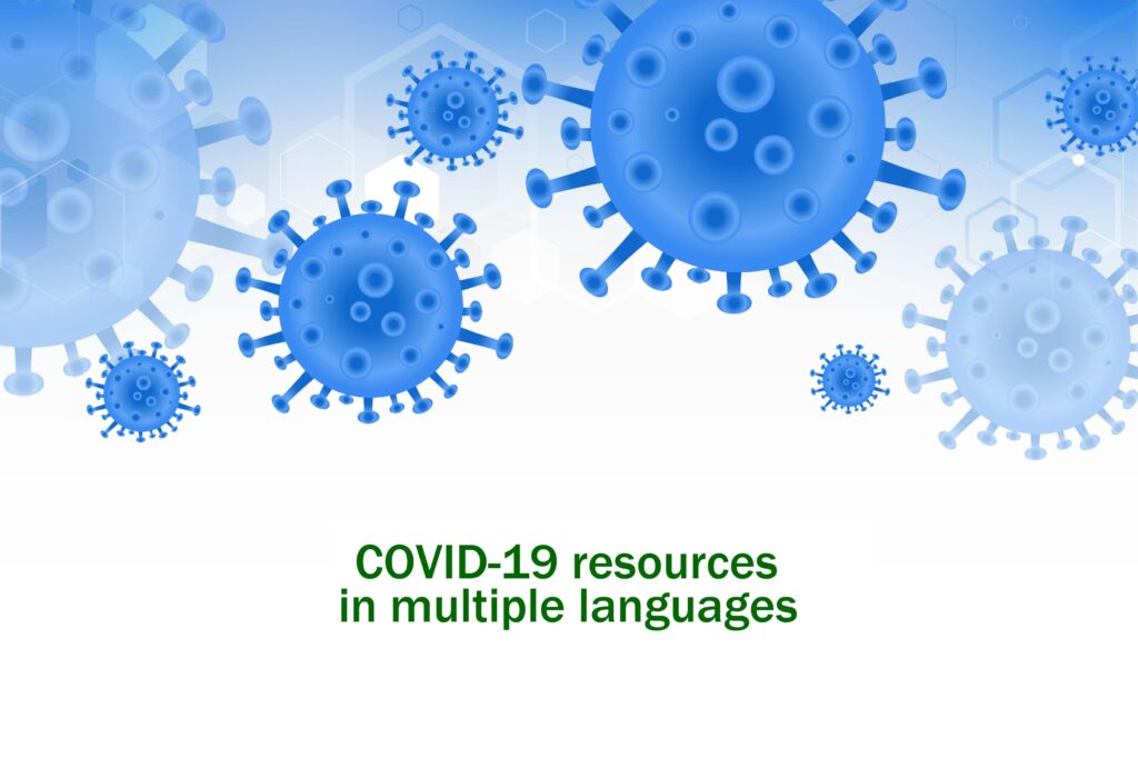 A blue background with viruses and the words covid-1 9 resources in multiple languages.