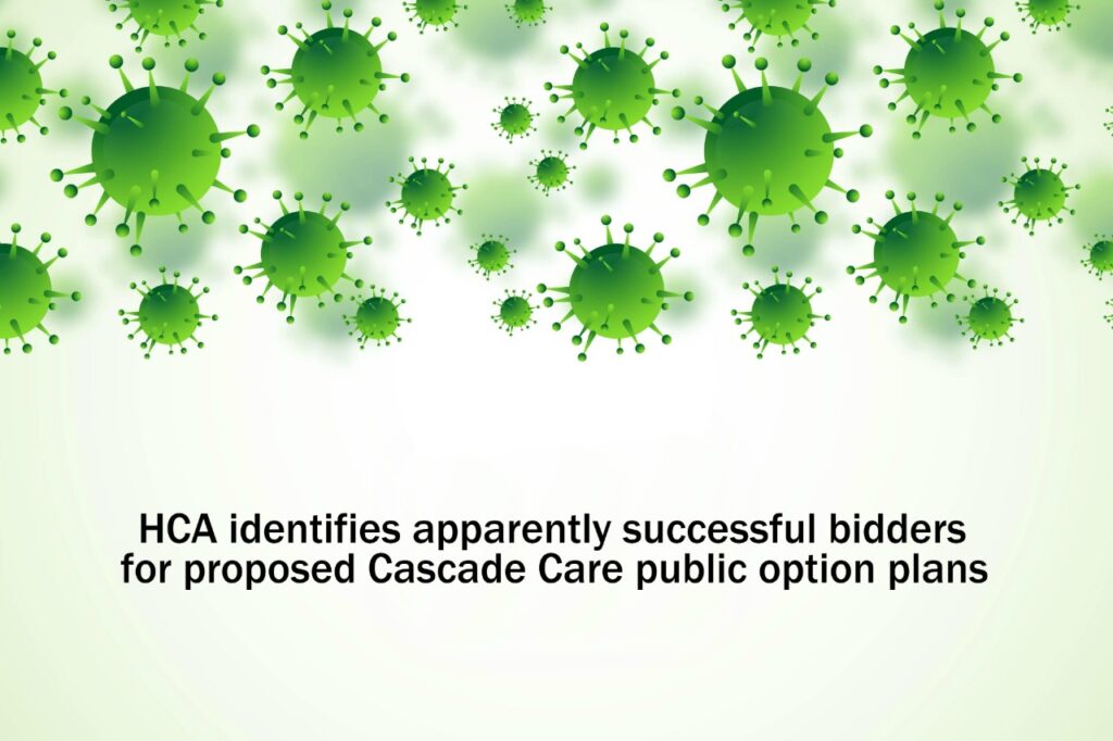 A green background with viruses and the words, " ca identifies apparently successful bidders for proposed cascade care public option plan."