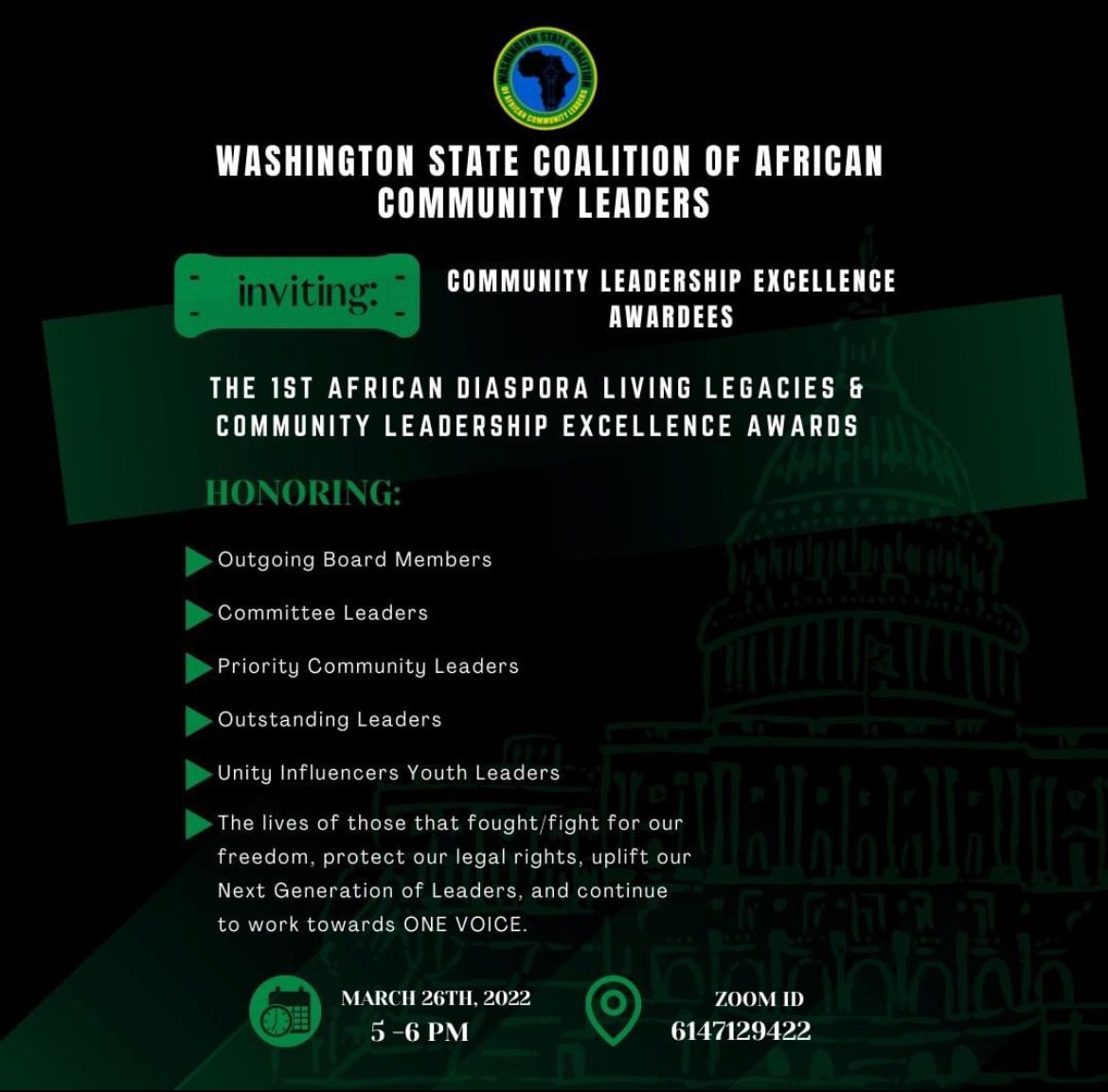WE ARE EXCITED TO INVITE YOU TO THE WSCACL 1ST AFRICAN DIASPORA LIVING LEGACIES & COMMUNITY LEADERSHIP EXCELLENCE AWARDS!