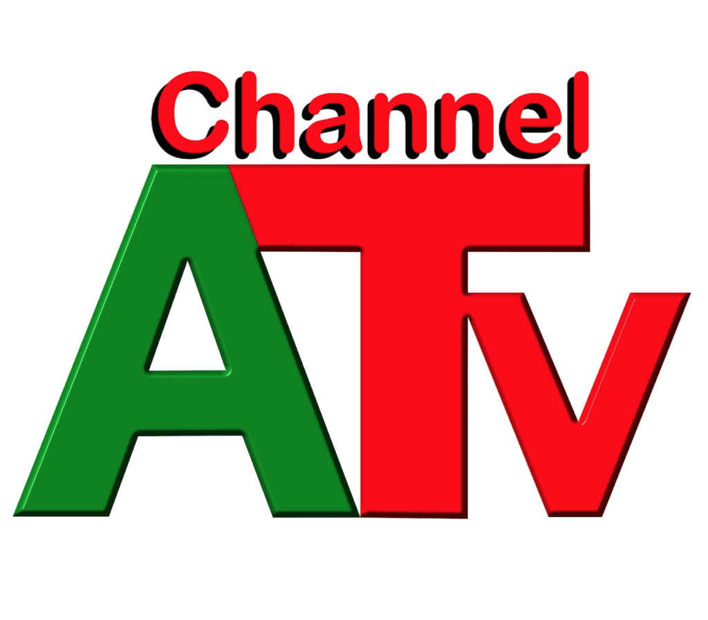 A red and green logo for channel atv.