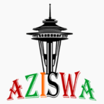 A picture of the seattle space needle with the words " aziswa ".