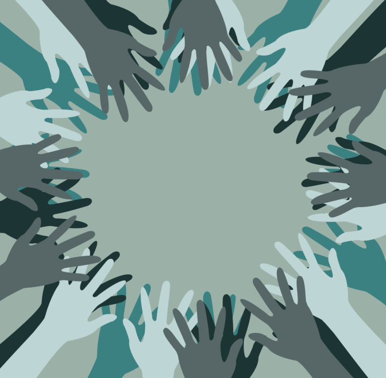 A group of hands reaching towards the center.