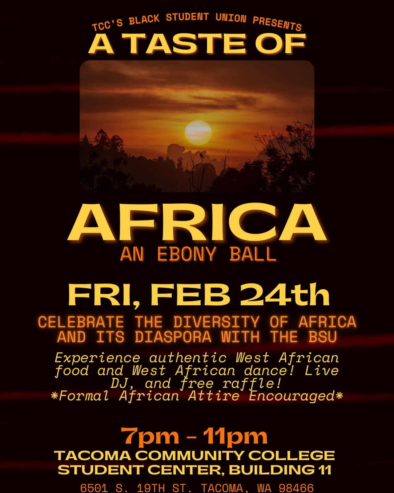 A poster for an african event with the sun setting.