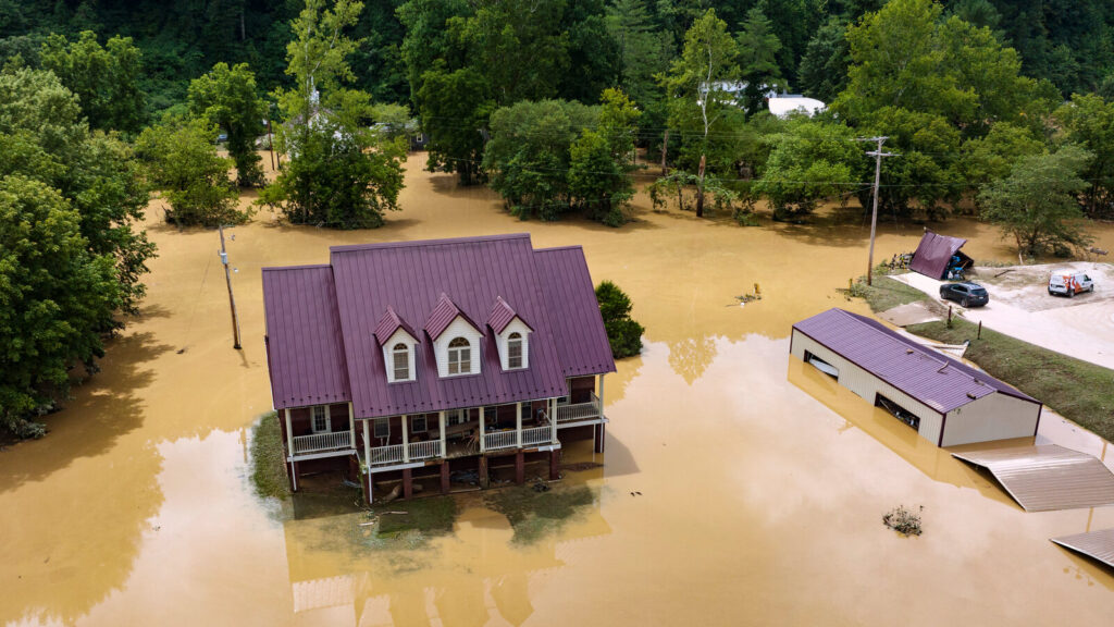 A house is surrounded by flood waters and trees.