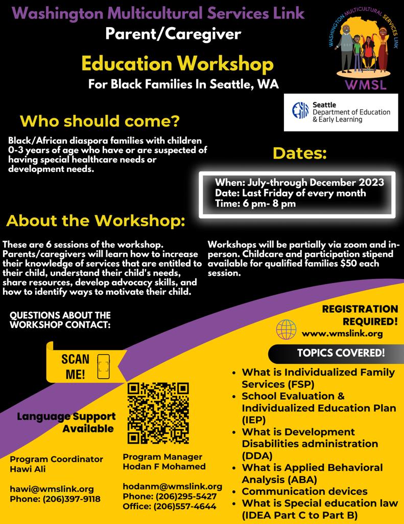 A flyer for the black families in seattle education workshop.